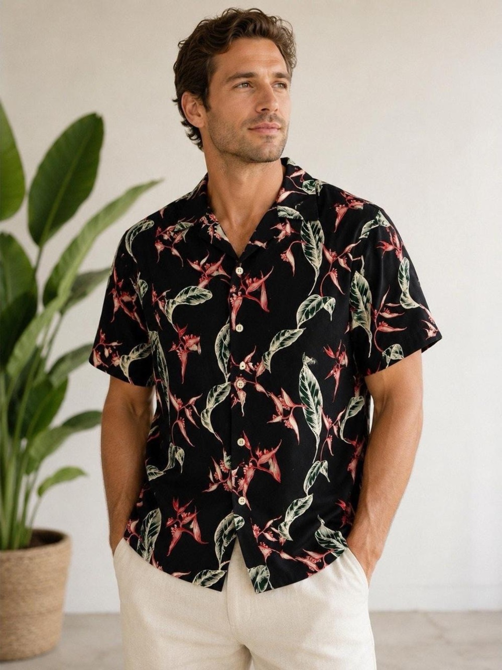 Sandro Black Short-Sleeve Tropical Print Button-Down Shirt